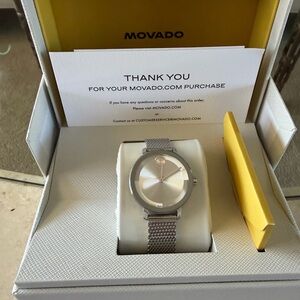 Movado Silver Dial Mesh Bracelet Watch with Rose-Gold Dot